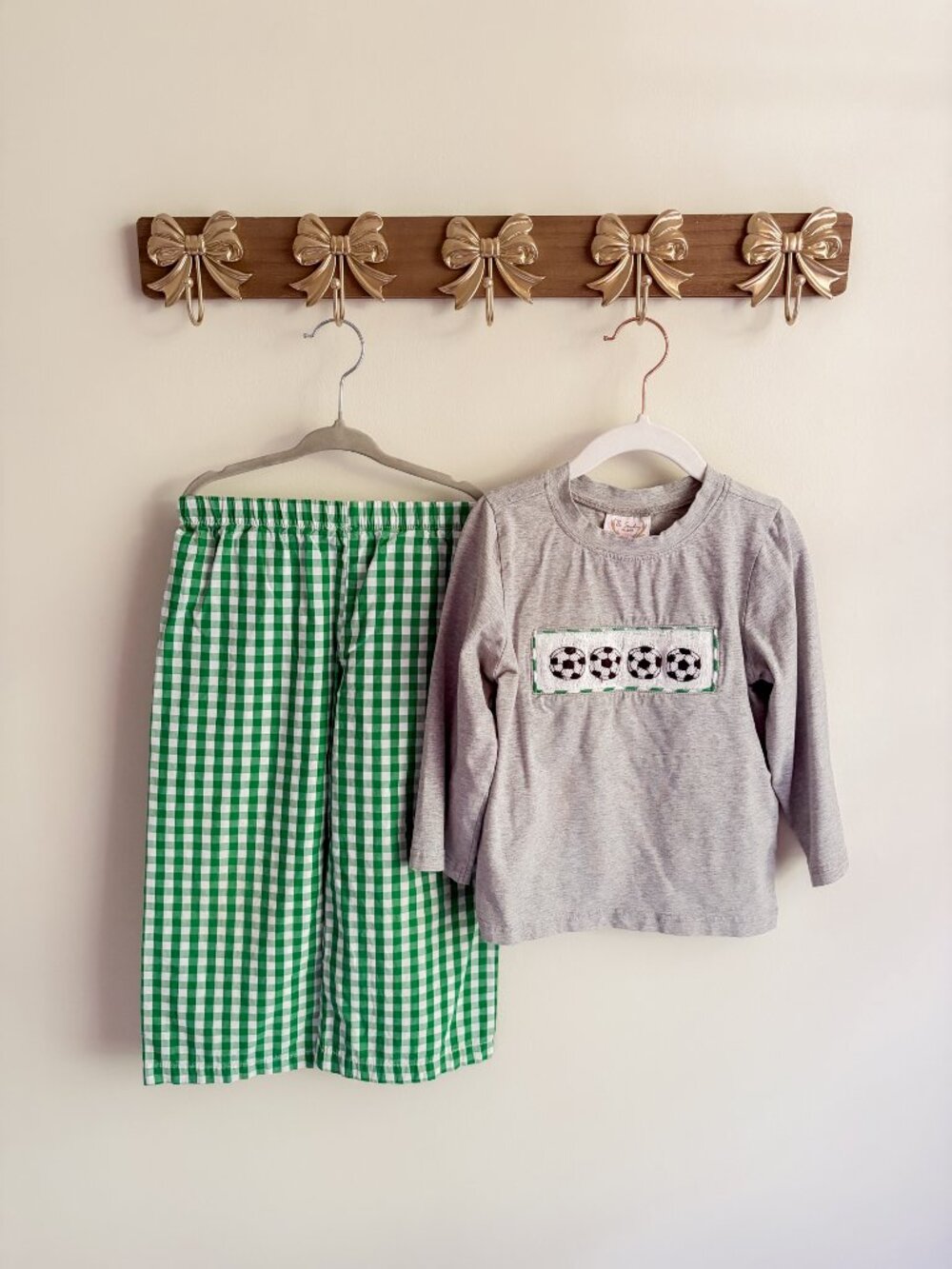 The Smocking Place Boys Size 4 Soccer Top & Green Gingham Pants Set